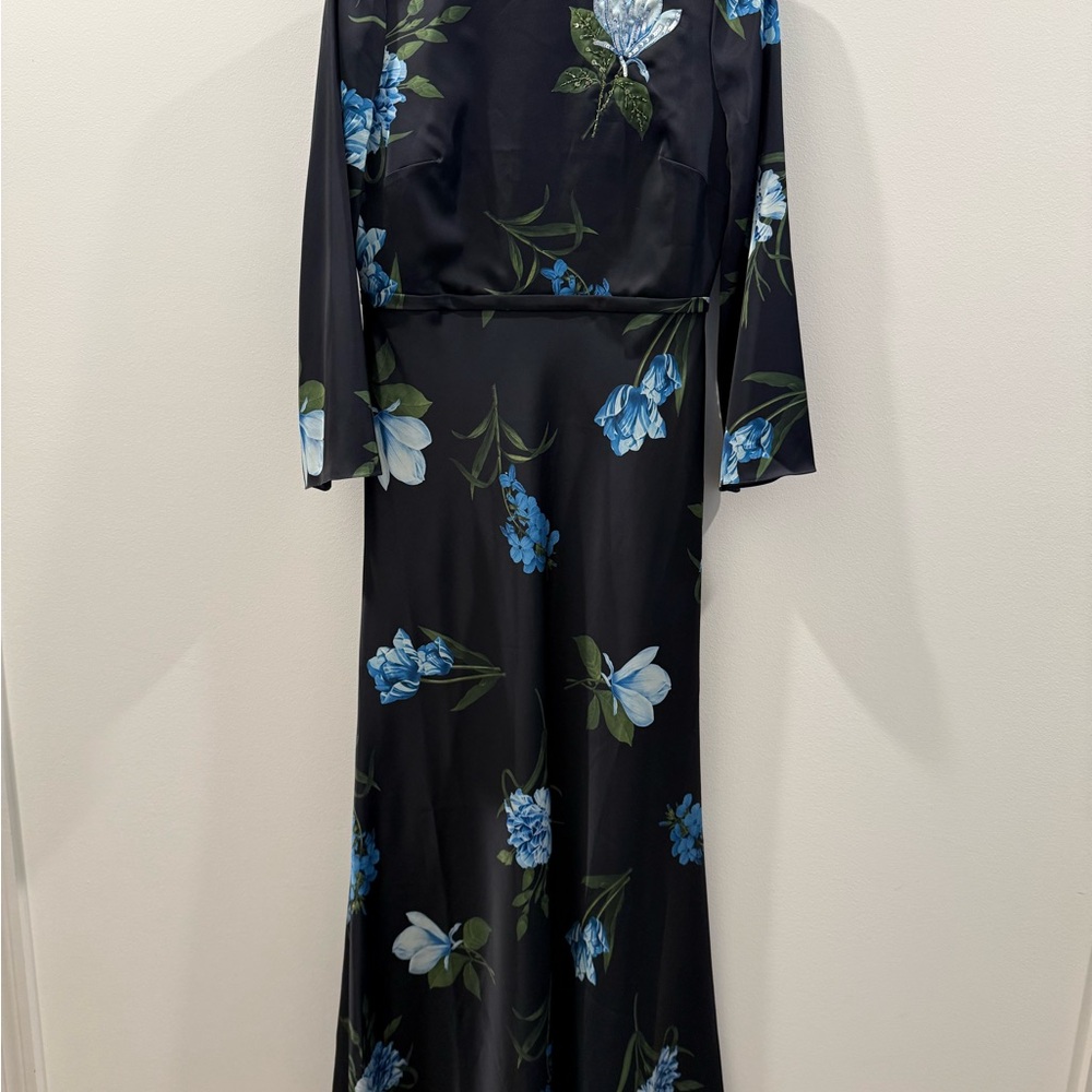 NWT Sachin + Babi Black and Blue Floral  Dress Alex Sequin Long Sleeve Satin - Picture 6 of 10